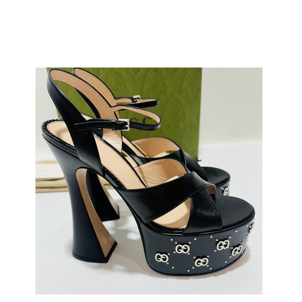 NIB Gucci Janaya Black Platform Slingback Sandals 40.5 US 10.5 GG Studded Heels - Picture 8 of 16